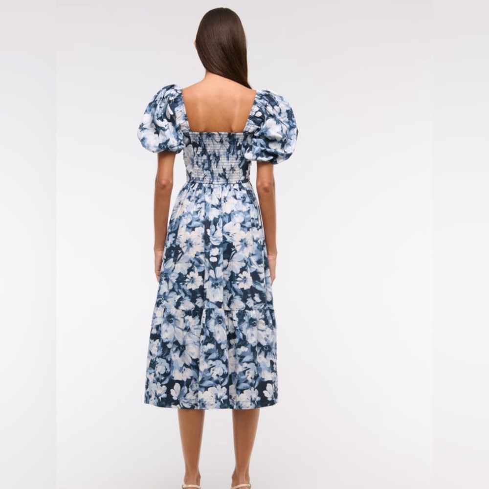 ABERCROMBIE The A&F Emerson Poplin Puff Sleeve Midi Dress Floral Blue White S - Picture 2 of 4